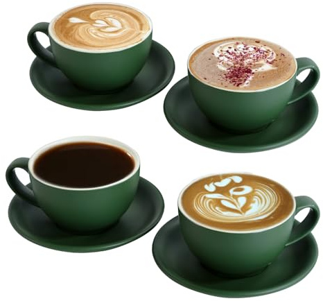 Juego de 4 tazas de café de 300 ml, de cerámica verde mate, con platillos, juego barista para arte latte y moca, juego de tazas y platillos grandes
