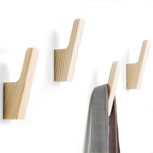 ALYBSOO Garderobenhaken Holz 4er-Set, Moderne Wandhaken, Kleiderhaken Wand Holzhaken für Kleidung, Taschen und Accessoires, Naturholz (Buche)