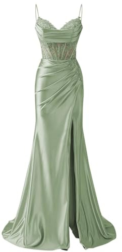 Abiti da damigella d'onore con spalline sottili appliques in pizzo abiti da ballo con fessura formale da sera party maxi abito AH171, Verde salvia, 42