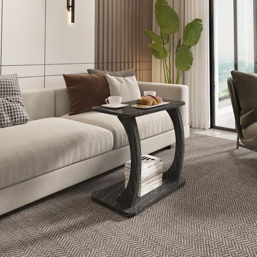 [en.casa] Tavolino Laterale a Forma di C con Rotelle Tavolo Basso da Divano Poltrona per Soggiorno Salotto Camera da Letto 59 x 35 x 56 cm - Effetto Marmo Nero
