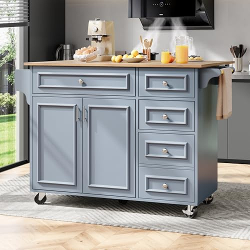 Wyibwy Carro de cocina 110 × 45 – 75 × 92 cm, isla de cocina sobre ruedas con 4 cajones y 2 puertas, carrito de comedor extraíble con encimera plegable, mesa de comedor con diseño vintage, aparador