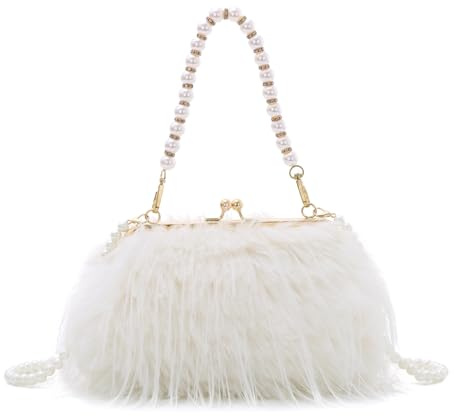 Fecialy Clutch Handtasche für Damen Flauschige Feder Abendtaschen Perlen Handtasche Vintage Umhängetasche