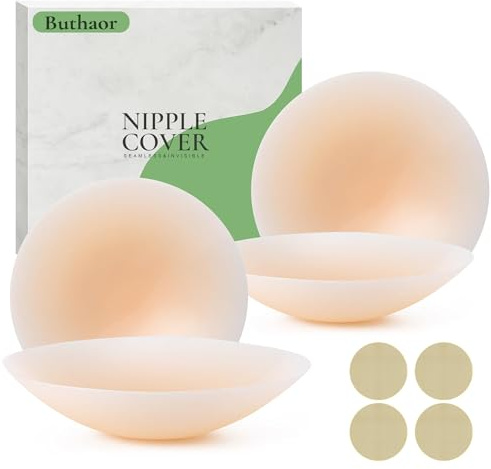 Buthaor 2 Pairs Silicone Nipple Covers for Women Reusable Adhesive Pasties - Invisible Waterproof Seamless Sticky Bra Nude