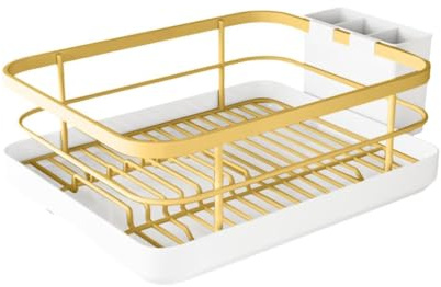 Stainless Steel Dish Drying Rack for Kitchen Countertop, Space Saving Compact Design with Removable Utensil Holder, Draining Board Organiser for Sink, Cup, Plate, Bowl (Gold)