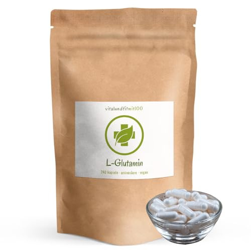 vitalundfitmit100 L-Glutamin – 240 Kapseln – Fermentiert – Hochdosiert – Vegan
