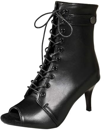 Bottines de Danse Talons Heels Dance Shoes Noir Femme à Peep Toe Cuir Chaussures de Bottines Salsa Bachata Talon Heels