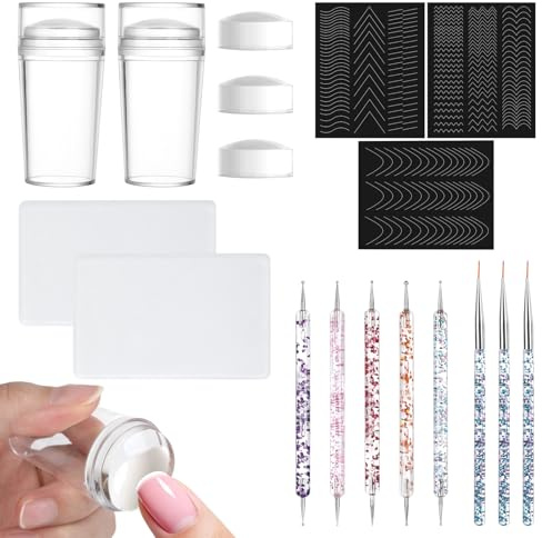 18 Stück French Nails Stempel Kit, mit 5 Dotting Pen und 2 Nagel Pinsel | French Tips Nagelstempel, Silikon, für Nail Art, Maniküre DIY, Nageldesign