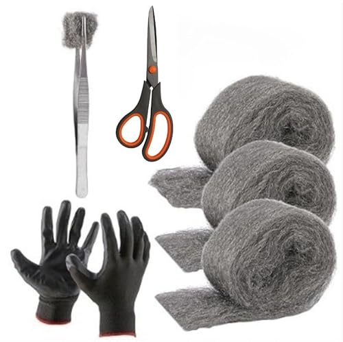 Lawnoval Relleno de huecos de lana de acero, paquete de 3 con guantes y tijeras, fibras de metal resistentes a masticables para el control de plagas en el hogar y el garaje, 12 pies cada uno