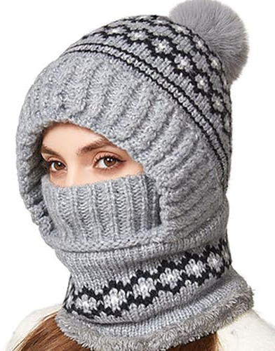 Schalmütze Damen Mütze Winter, Strickmützen für Damen Mützen mit Schal & Ohrenklappen Wintermütze Warm Winddichte Sturmhaube mit Bommel Bequeme Balaclava Kapuzenschal Bommelmütze