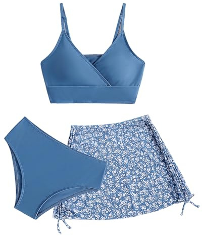 Momkonzz Girls Swimming Costume Kids Swimsuits Bikini Set 3 Piece Bathing Suits Teen Flower Bikini Strap Set with Skirt Cover Up Surfing Beach Swimwear Blue 11-12 Years