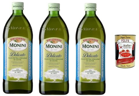 Monini Classico Huile d’Olive Extra Vierge Delicato 3 x 1 L – Goût Doux & Délicat, Pressée à Froid, Idéale pour Salades, Légumes, Poisson & Cuisine Quotidienne + Italian Gourmet polpa