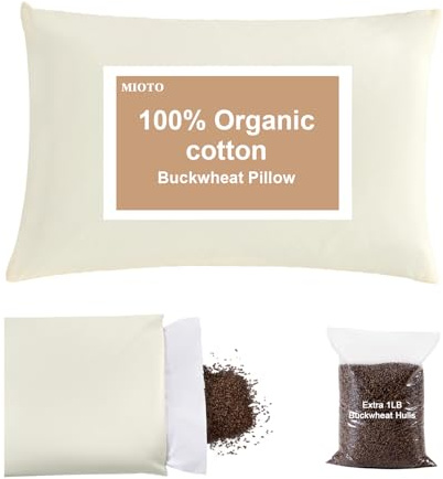 MIOTO Organic Buckwheat Pillow for Sleeping with Dual-Layer Pillowcase and Extra Tartary Buckwheat Hulls, Adjust Height and Firmness, Neck Support Pillow for Back and Side Sleepers 14x20