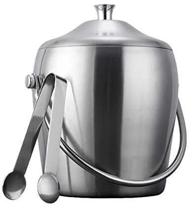 Fête Seau à glace avec couvercle et pinces en acier inoxydable isolé double paroi Idéal for bar cocktails, fêtes, vin frais, champagne Bac à boissons(2L)