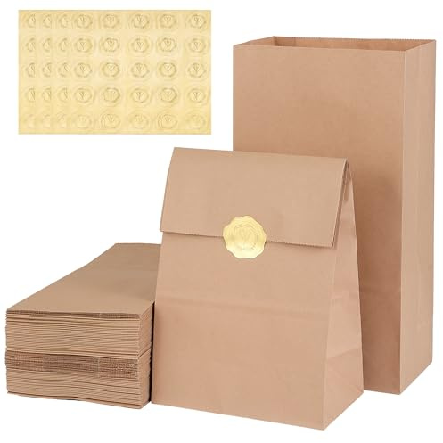 48 Kraftpapiertüten braun mit Aufklebern – 3 Größen Set braune Papiertüten mit Blockboden – Geschenktüten & Beutel für Alltag, Feiern & Mitgebsel