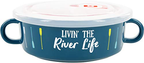Pavilion Gift Company 67659 Livin' The River Life Suppenschale aus Steingut, mit BPA-freiem Deckel mit Dampfreiniger, 300 ml, Blau