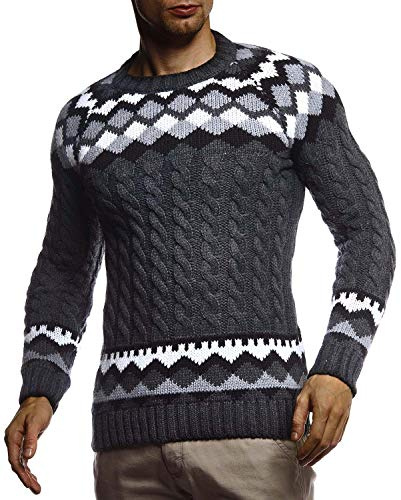 Leif Nelson LN20757 Pull norvégien en tricot pour homme avec col rond - Pull d'hiver pour Noël et l'hiver - Motif norvégien - Coupe ajustée, anthracite, L