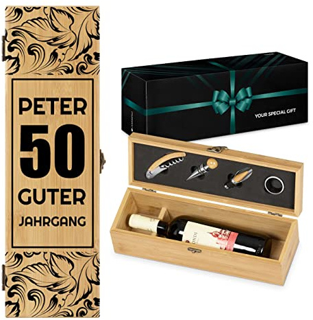 Maverton Wein Geschenkbox für 0,7L Weinflasche + Aufdruck + 4er Weinzubehör - Weinset aus Bambus - 36x11x11,5cm - Braun - Geschenk zum Geburtstag für Herren - Guter Jahrgang
