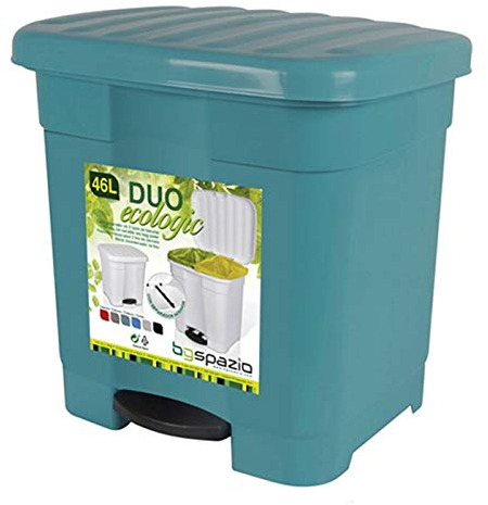 Tradineur - Cubo de Basura Pedal 46 litros Plástico 45 x 41 x 47 cm , Contenedor de basura con separador para colocar 2 bolsas (Verde)
