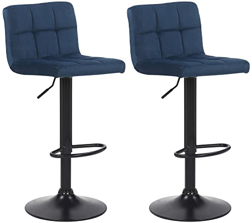 CLP 2er Set Barhocker Feni Samt, höhenverstellbar mit Fußstütze, Lehne & Metallgestell, belastbar bis 150 kg | Farbe blau