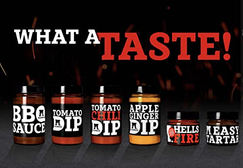 Salse confezione regalo da 6 - Set con tutte le salse Mannius Gourmet: BBQ + Ketchup + Ketchup Chili + Apple Ginger Dip + Easy Tartar + Hells Fire (kit salse barbecue, set salse piccanti, salse carne)