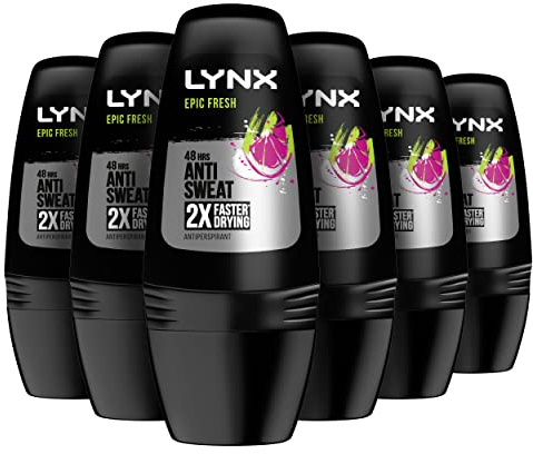 Lynx Epic Fresh Grapefruit & Tropical Pineapple Scent Deodorant Roll On For Men Dry & Fresh for 48 Hours An Iconic Fresh Fragrance Deodorant For Men 50 ML (Pack of 6)