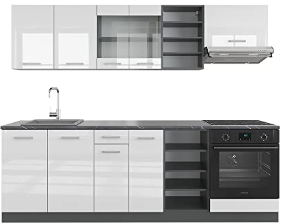 Vicco Küchenzeile R-Line, Weiß Hochglanz/Anthrazit, 240 cm ohne Arbeitsplatte