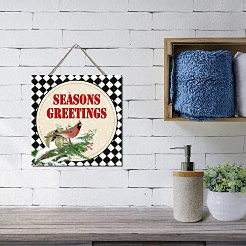 Holzschild, Motiv: Weihnachtsgrüße, Tier, Kardinal, Stechpalme, Pflanze, Tannenzapfen, hängendes Holzschild, rustikale Wandkunst, Schilder, Holz für Schilder, rustikale Dekoration, 30,5 x 30,5 cm