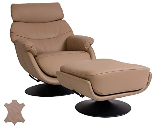Mendler Relaxsessel mit Hocker HWC-K99 Echtleder/Kunstleder - Taupe | Fernsehsessel, Sessel, Wippfunktion, drehbar