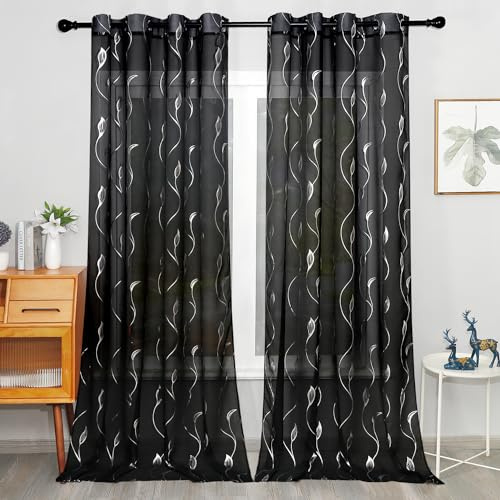 youleyar Silver Foil Print Voile Sheer Curtains, Wicker Grommet Top Window Drapes 96 Inches Long, Luxury Metallic Bronzing Treatment Panels for Home Window Decoration, 2 Panels(Black,52W x 96L)