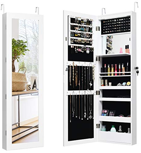 GOPLUS Schmuckschrank mit Spiegel, Spiegelschrank hängend mit LED-Beleuchtung, Wandschrank mit Innenspiegel & klappbarer Ablage, Wandmontage & Türmontage (Weiß)