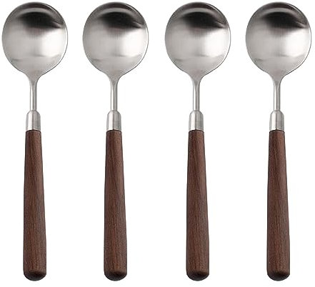 Ouliget Cucchiaio con manico in legno retrò, in acciaio inox opaco, cucchiaio da tavola in legno, argenteria in argento opaco con manico marrone, 4 pezzi.