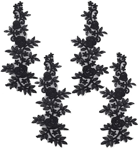 GORGECRAFT 4 st blommig spetsapplikation svart blomma broderad sy på lappar ros löv krage tyg applikation för gör-det-själv sömnad hantverk klänning kläder ryggsäckar utsmyckningar 36 x 14,5 cm
