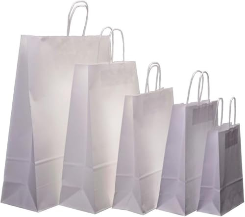 HOT BARGAINS White Paper Bags with Handles, Large 26 x 14 x 29 cm, Pack of 100