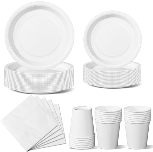 Nkaiso Stoviglie per Feste 96 Pezzi Bianco Festa della Addobbi Ragazza di Compleanno dei Dambini Articoli per Feste Set Include Piatto Usa e Getta di Carta Party Tazze Tovaglioli -24 Ospiti