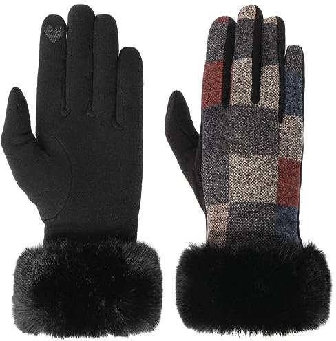 Lipodo Colour Checks Touch Fingerhandschuhe Karomuster mit Fellbesatz Damen Herbst Winter bunt M