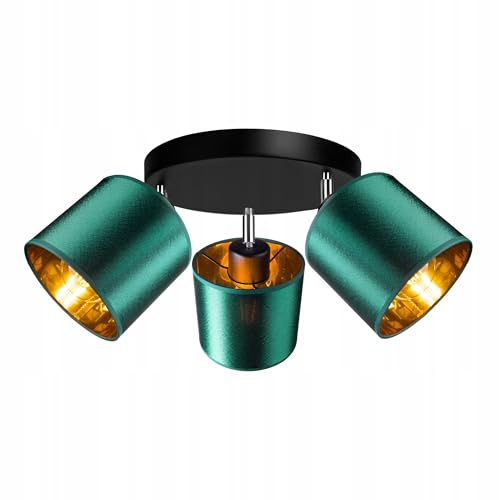 FKL DESIGN Home Deco Deckenlampe Schwarz Grün-Gold Rund Deckenleuchte industrial style, retro, vintage 3 flammmig Wohnzimmerlampe Industrie E27 Schlafzimmerlampe Inca