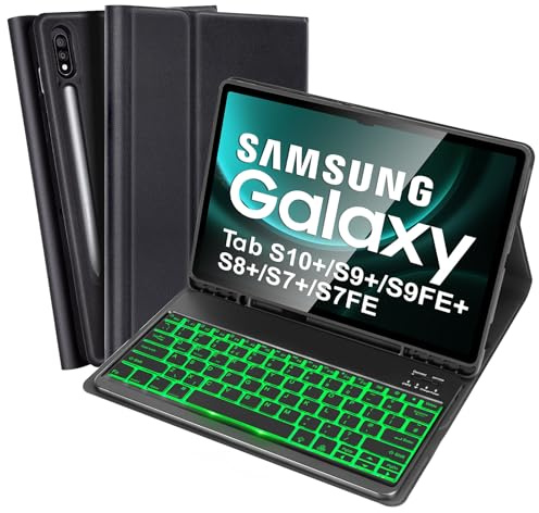 SOPPY Tastaturhülle für Samsung Galaxy Tab S9 FE+/S9+/S8+/S7+/S7 FE 12,4 Zoll, UK-Layout, schlanke Hülle mit Abnehmbarer Tastatur für Galaxy Tab S7 FE/S9 FE+/S9 Plus/S8 Plus/S7