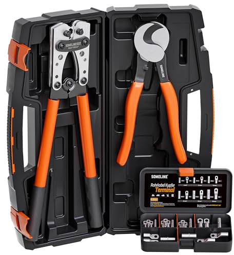SOMELINE Pince à Sertir pour Cosses de Câble 6-50 mm² - Kit d'Outils avec Cosses à Anneau, Trou de Boulon Étamé, Pinces en Cuivre, Coupe-Câble et Boîte à Outils