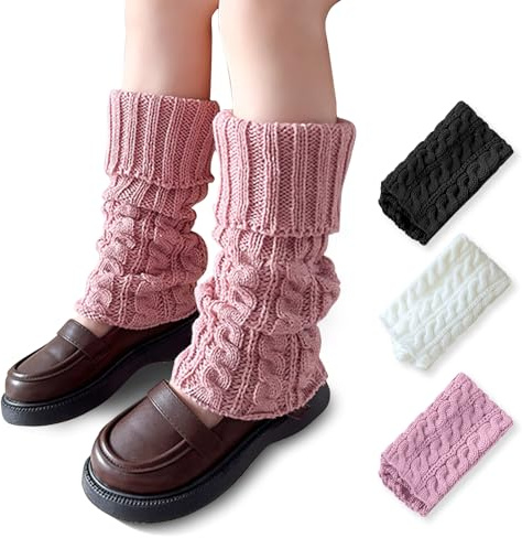 SONARIN 3 Paia Scaldamuscoli per Ragazze,Invernali Maglia Scaldamuscoli Lunghi Calzini Alti Calze al Ginocchio senza Piedi Elasticizzati per Bambine(Rosa+Bianco+Nero)