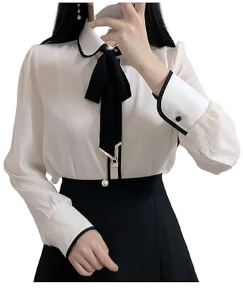 KWTF Femmes Chemise Mignonne col Claudine Noeud Papillon Perle Femmes Hauts et Chemisiers à Manches Longues
