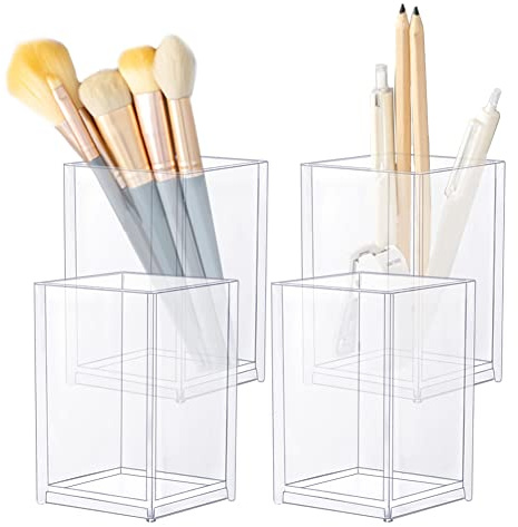 YAANBUNB 4 Stück Stiftehalter Schreibtisch Transparent Stifteköcher Stifte Organizer Plastik Pinselhalter Durchsichtig Stifteköcher Klar Quadratischer Stiftehalter für Eyeliner Büro (10x6.5x6.5cm)