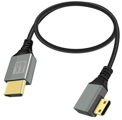 RIIEYOCA Cable adaptador 8K Mini HDMI a HDMI, ángulo izquierdo 90 grados, mini conector HDMI a conector HDMI 8K 60 Hz 4K 120 Hz 48 Gbps HDMI de alta velocidad 2.1, compatible con laptops, televisores