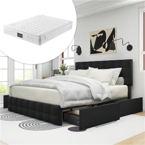 Gepolstertes Doppelbett Mit 4 Schubladen, Höhenverstellbarem Kopfteil, Lattenrost Aus Metall, 140 X 200 cm, Geeignet Für Schlafzimmer Für Erwachsene Und Jugendliche(Color:Schwarz+ Mit Matratze)