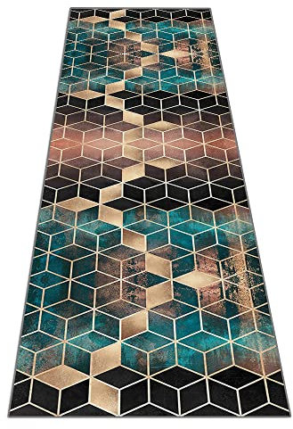 Siunwdiy Türkis,70x140cm, Teppich Läufer Lang Flur Küche Türkis Gold Schwarz Teppichmatte Teppichläufer Küchenläufer rutschfest Waschbar Tepiche Für Wohnzimmer Schlafzimmer Esszimmer Küchenteppich