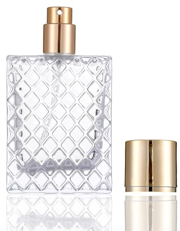 Enslz 50 ml/17 oz genomskinlig atomiseringsspray påfyllningsbar parfymflaska, bärbar fyrkantig dispenser tom glasflaska (guld)