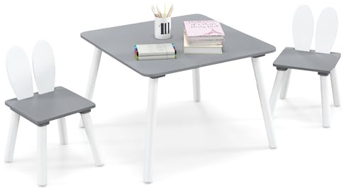 LIFEZEAL Kindertisch mit 2 Stühlen, Kindersitzgruppe mit Kaninchenohren-Rückenlehne, Kinder Tisch Stuhl Set, Kindermöbel aus Holz, Kinder Tischgruppe für Kinderzimmer & Kindergärten (Grau)