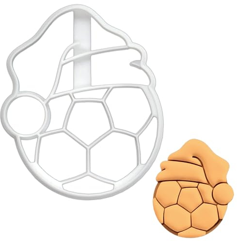 BAKERLOGY Fußball mit Weihnachtsmütze Ausstechform - Weihnachtsplätzchen Ausstecher, Detailliertes Keksausstecher, Ideal für Fondant, Keksteig, Ton