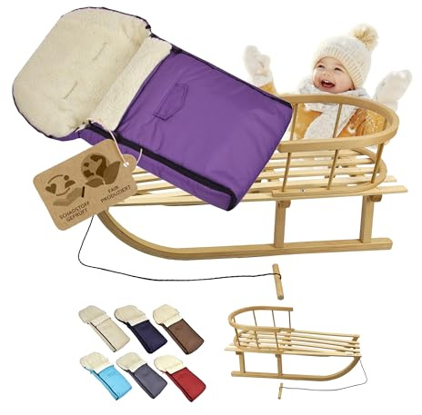 KOMBI-erbjudande träsläde med ryggstöd och dragrep universell vinteråkpåse (90 cm), lämplig för babystol, barnvagn, buggy, ull UNI (lila)