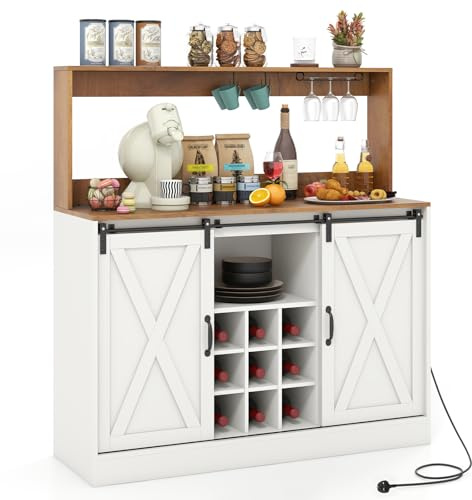 COSTWAY Kitchen Buffet Sideboard with Charging Station,Hutch | Storage Bar Cabinet with Removable Wine Rack, Sliding Barn Doors, Glass Holders & Adjustable Shelves, Freestanding Cupboard
