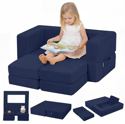 MeMoreCool Cord Kindersofa, ausklappbare Schaumstoff Mini Couch, Navy | Modulares Sofa für Kinder mit weicher Schaumstoffpolsterung, geeignet für Kinderzimmer und Schlafzimmer